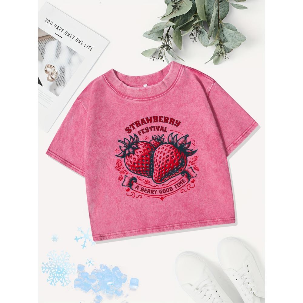 Summer Cotton Crop Tops Womens Strawberry Estival A Berry Good Timeprints Washed T-Shirt O-Neck Regular Fit Tees Clothes