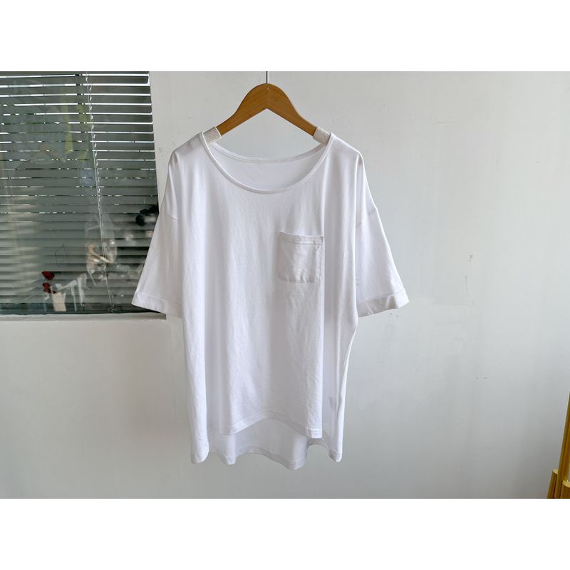 

Slightly Flaw Idle Style Pure Color Thin round Neck T-shirt Women s Summer Pocket Stylish Loose All-Matching Top Tide H1 White L