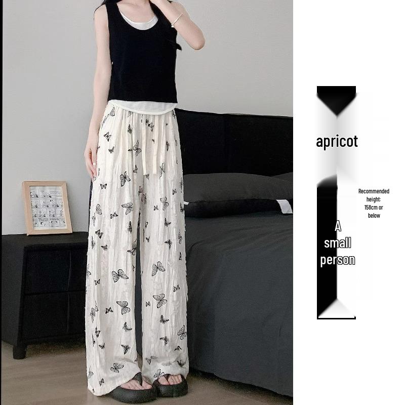 Japanese White Ice Silk Drapey Wide-Leg High-Waist Butterfly Ripped Pants - XS