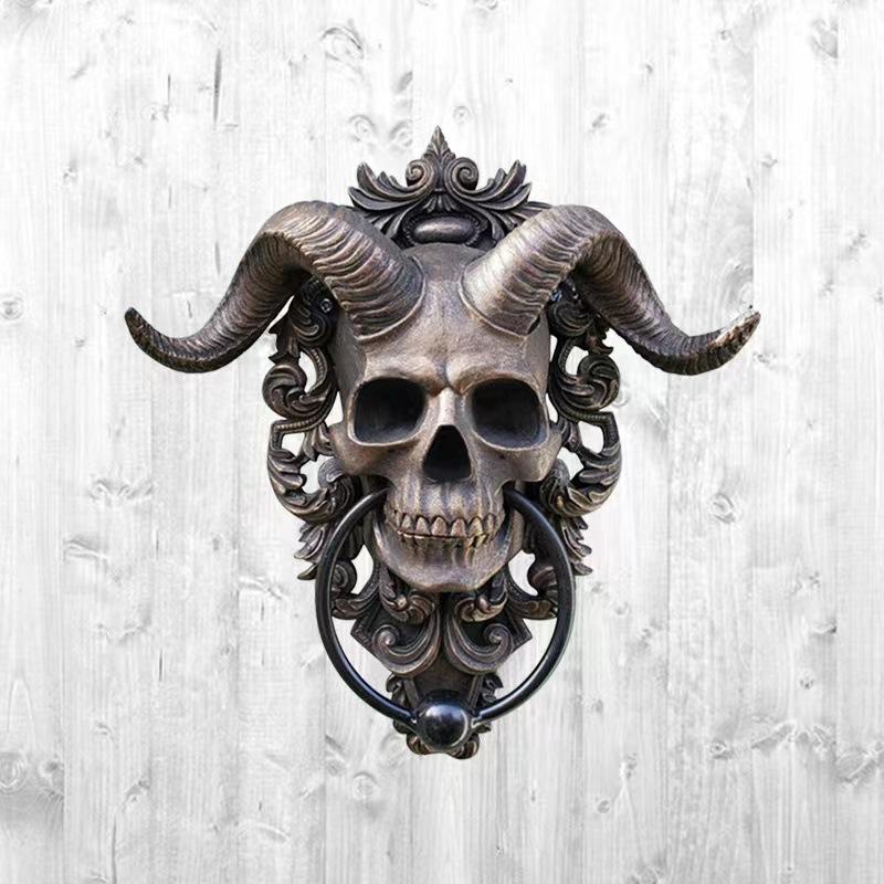 Battente per Porta Teschio di Testa di Pecora Vintage Dio Cornuto Bafometto Statua in Resina Maniglia per Porta d'Ingresso Gotica Pomelli Tiranti Decorazione per la Casa