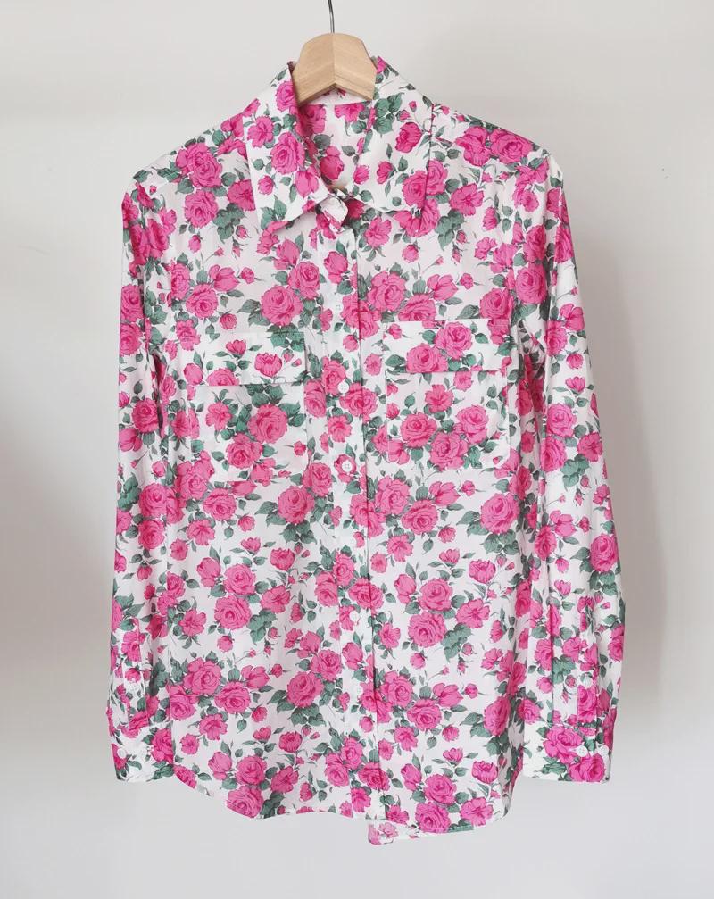 Retro Caroline Rose Print Cotton Long Sleeve Women's Shirt with Double Pockets
