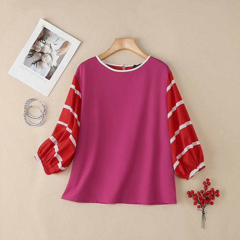 

ZANZEA Women Casual Stripe Splice 3/4 Sleeve Loose Crew Neck Blouse 5XL темно-розовый