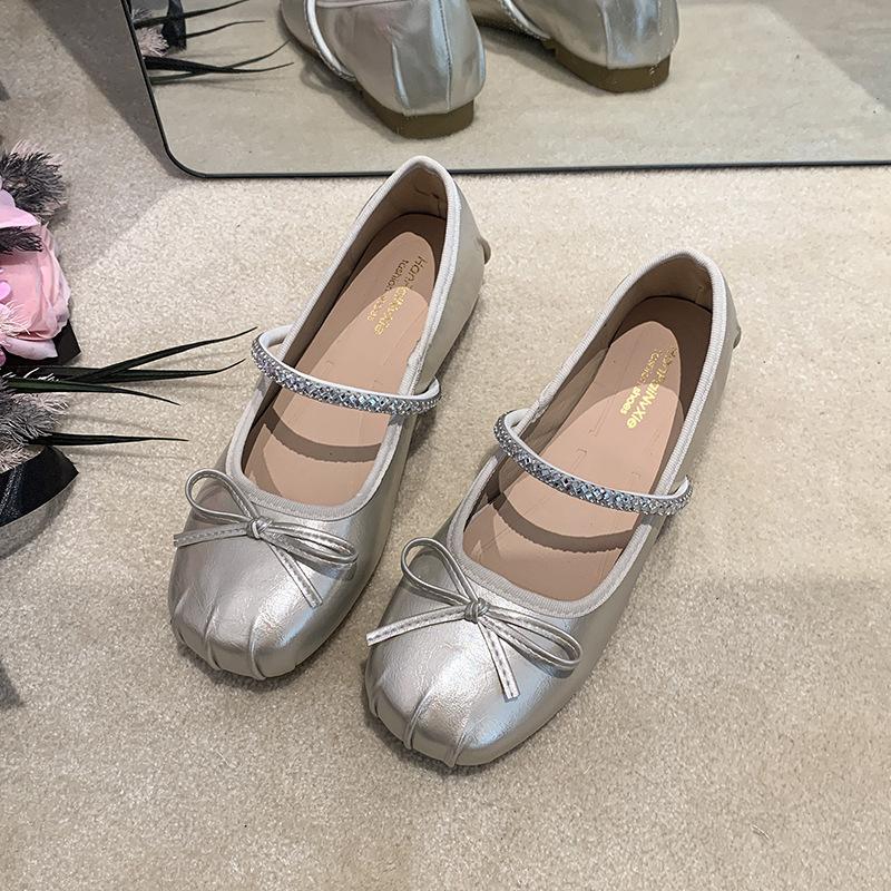 French single shoes women's skirt summer with 2025 new ballet silver flats Mary Jane small leather shoes evening shoes