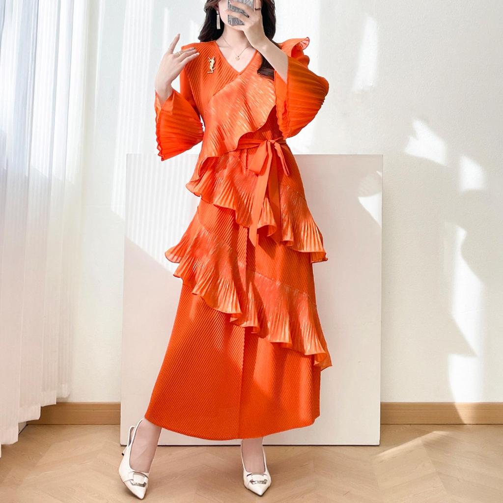 Elegant Plus Size Pleated Ruffle Lace-Up Dress