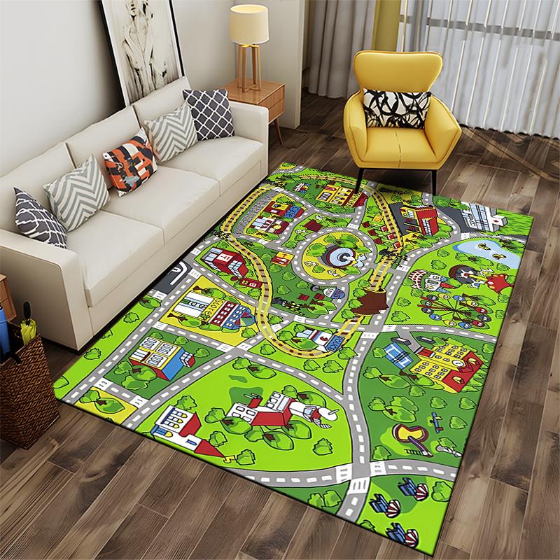 Colorful Town Map with Buildings Non-slip Rug Suitable for Living Room and Bedroom Sofas.