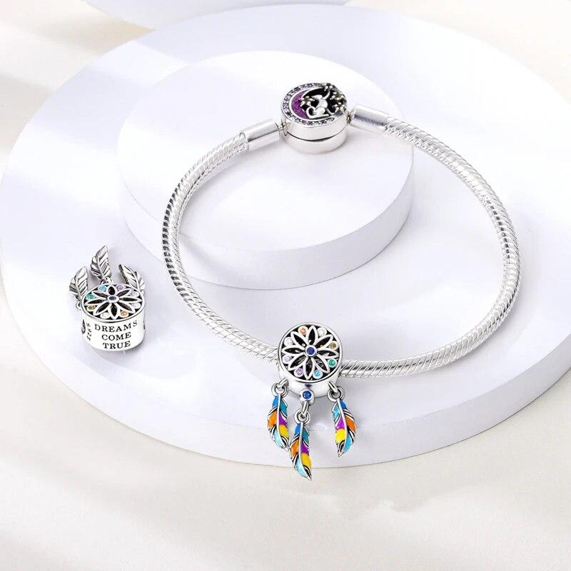 925 Sterling Silver Colorful Zircon Dreamcatcher Charms Beads Pendants FitFashion Original Bracelets DIY Jewelry Making