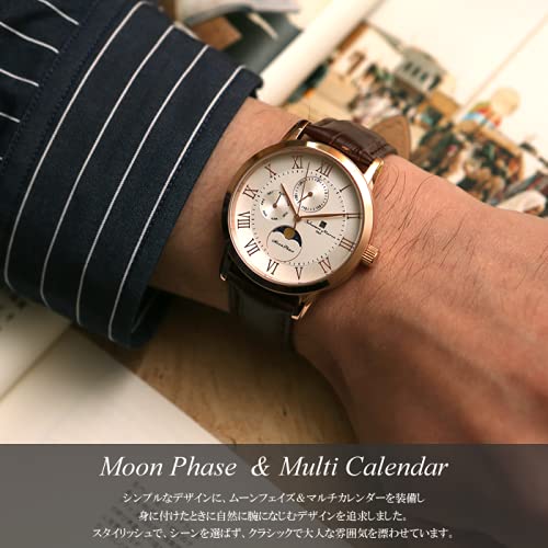Watch Moon Phase Multi Calendar 5 ATM Water Resistant Business Formal Leather Belt Limited Model Black Pink Gold [Salvatore Mara] Men's SM21106-PGBK