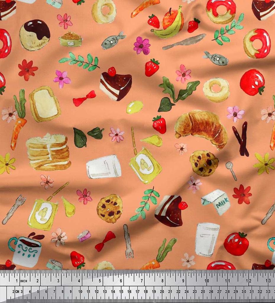 Soimoi Japan Crepe Satin Fabric Fruits,Bread & Donut Food Decor Fabric Printed metre 42 Inch