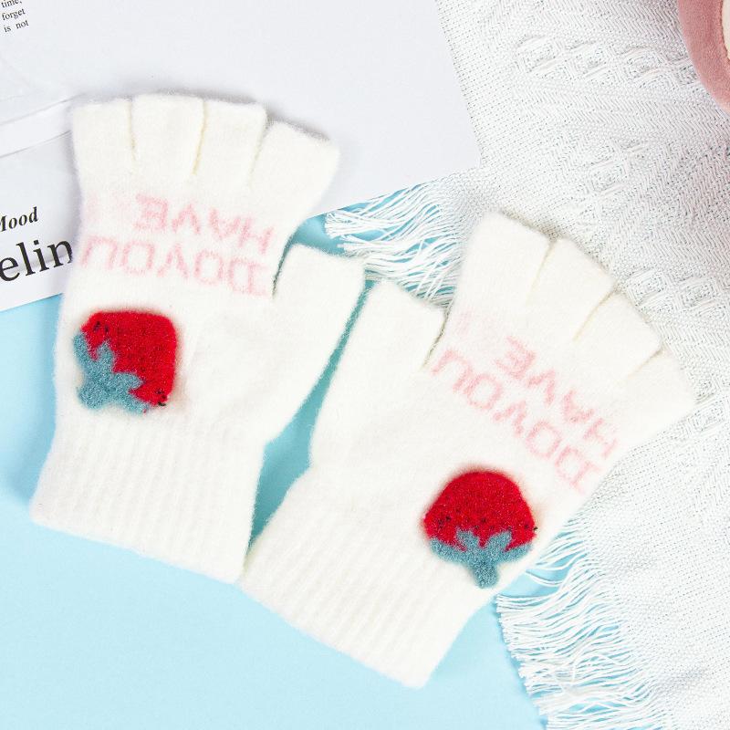 New half-finger gloves women's winter strawberry fleece thickened fashion open finger cold warm knitted plush gloves
