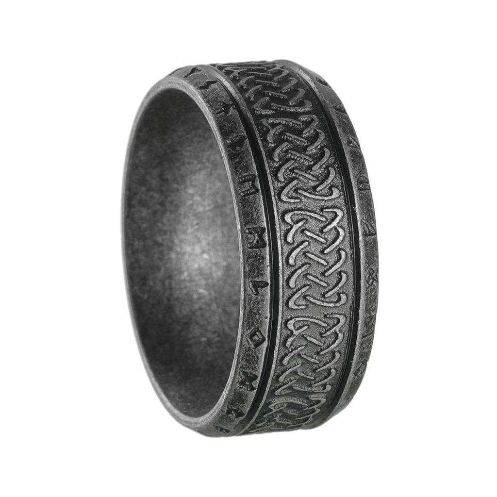 Antique Silver Men's Viking Rune Ring - Titanium Steel Signet Jewelry