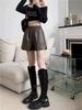 2025 Plus Size Women's High Waist PU Leather A-line Slimming Bootcut Shorts - Autumn/Winter Collection