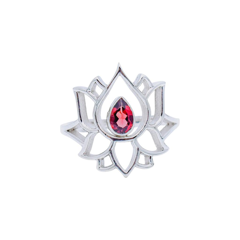 Sterling Silver Lotus Ring: Teardrop Gemstone, Stackable Flower Ring