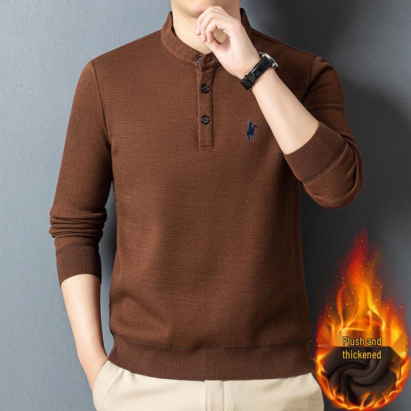 

Men s Long Sleeve Lambswool Button Collar Knitwear - Plush & Warm for Fall/Winter XL кавовий