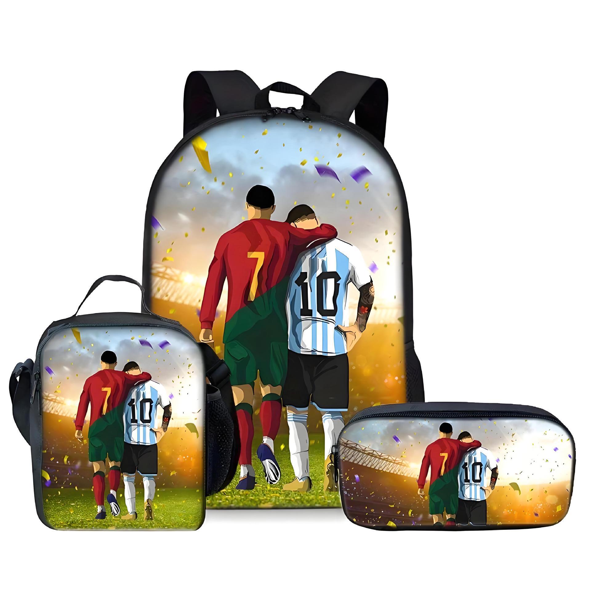 Sac à dos imprimé joueur de football Sac repas trois pièces Trousse à crayons Cartable étudiant grande capacité Three piece set