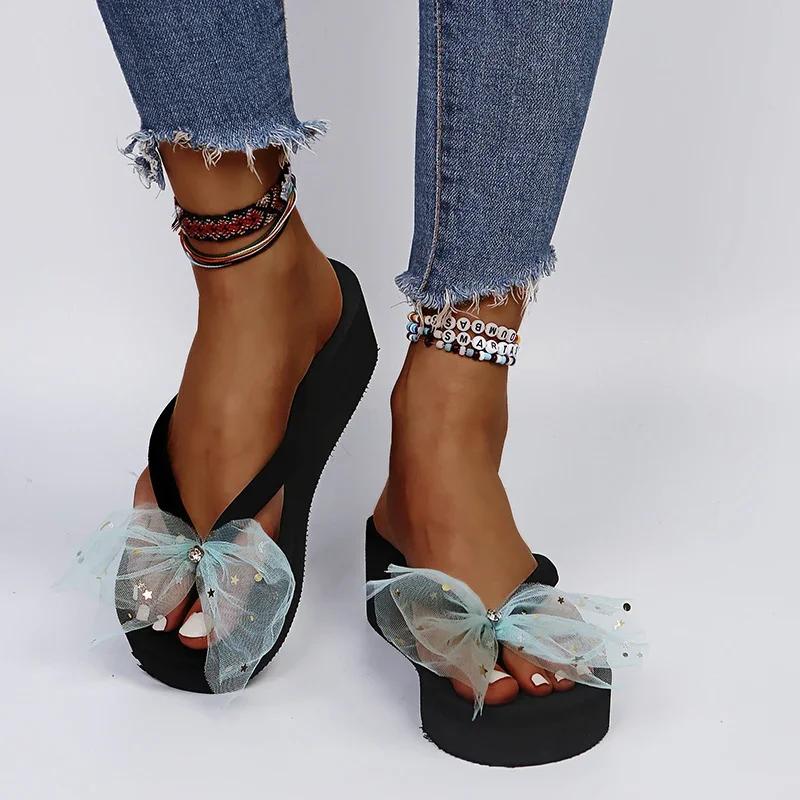 

Fashion Summer Colorful Mesh Bowknot Flip Flops for Women Star Sequins Wedges Clip Toe Sandals Woman Lightweight Platform Beach Slippers 43 небесно-голубой