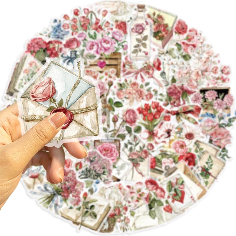 50 Pieces of Cartoon Flowers and Letter PET Transparent Stickers for Phone Case, Notebook Illustration Materials, Luggage Box and Computer Decoration