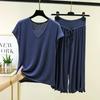 Plus Size M To 6XL Modal Casual Pajamas Sets V-Neck Sleeves Tshirts with Drawstring Ruffle Trim Cropped Pants High Waist Loose Fit Lounge Sets