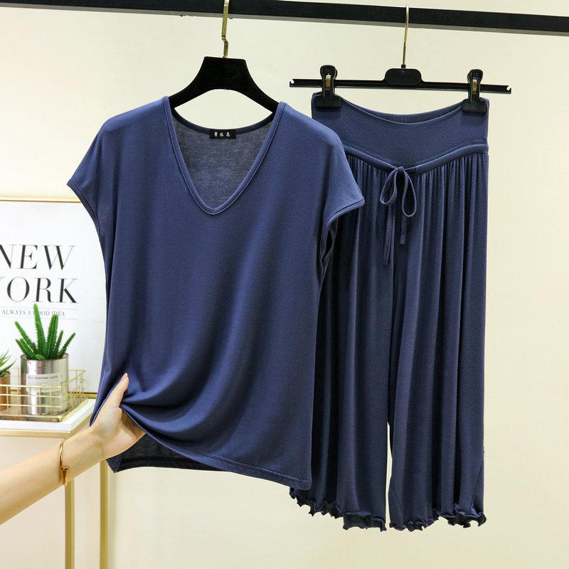 Plus Size M To 6XL Modal Casual Pajamas Sets V-Neck Sleeves Tshirts with Drawstring Ruffle Trim Cropped Pants High Waist Loose Fit Lounge Sets