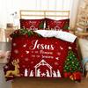 3pcs Christmas Nativity Bedding Jesus Is the Reason for Season Red Holiday Duvet Cover with Scene Reindeer Snowflake Pattern