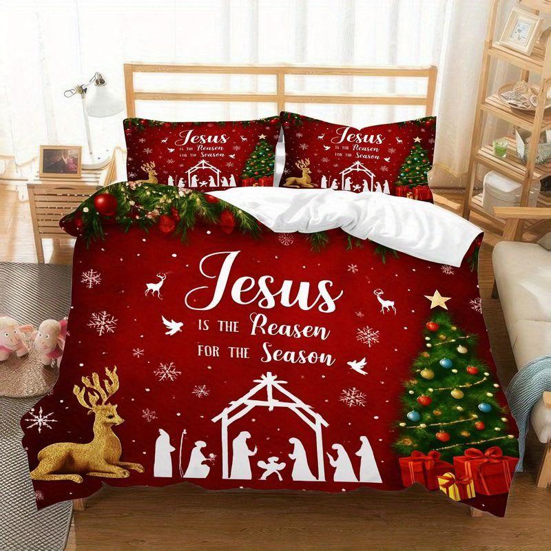 

3pcs Christmas Nativity Bedding Jesus is the Reason for Season Red Holiday Duvet Cover with Scene Reindeer Snowflake Pattern EU Twin(135x200cm)
