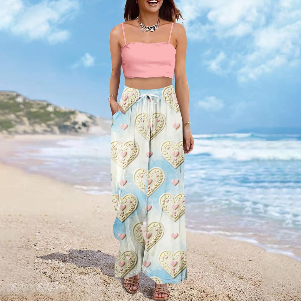 Pantaloni largi cu talie înaltă pentru femei, stil boho de vară, stil palazzo, cu imprimeu, casual, cu buzunare