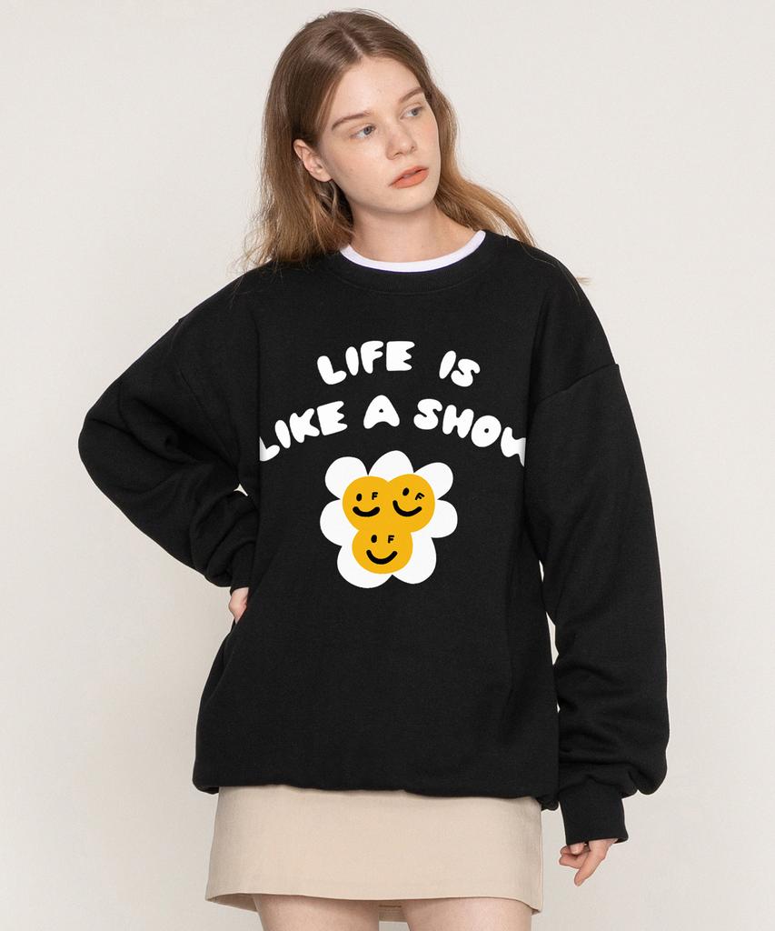 Graver [Unisex] Twin Flower Smile Sweatshirt_Black