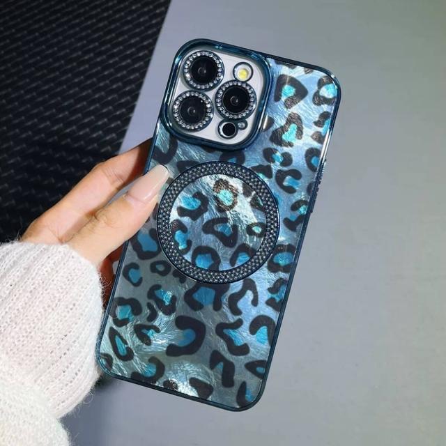 For iPhone 16 Pro Max Luxury Plating Magsafe Magnetic Flash Diamond Leopard Print Phone Case For iPhone 13 14 15 Plus Lens Cover