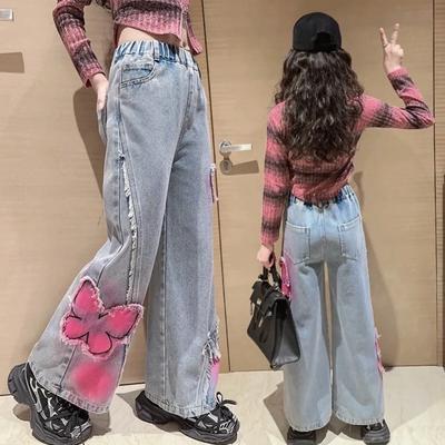 Girls Fashionable Jeans Children's Jeans Kid's Butterfly Wide Leg Pants Girls' Dad Pants Casual Pants