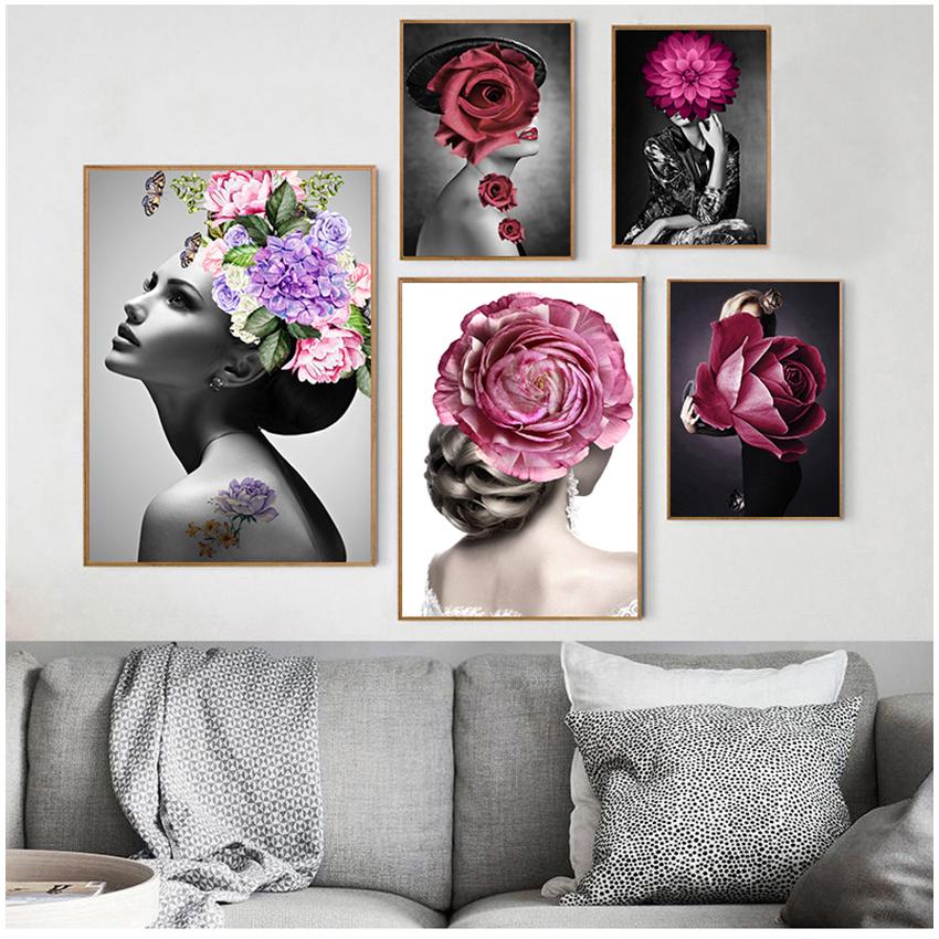 

Скандинавский декор гостиной Скандинавская цветочная женщина Настенное искусство Холст Принт Абстрактный плакат Живопись Украшение Картина оптом