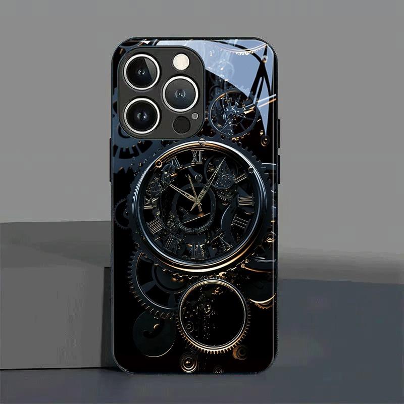 Black Gold Mechanical Clock Pattern Tempered Glass Phone Case For iPhone 17 16 15 Pro Max 14 13 12 11 17Air 7 Plus XR XS X Cover