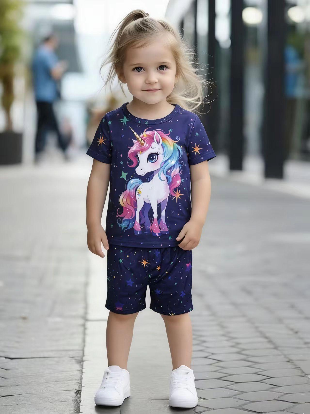 Toddler Girls Cute Rainbow Unicorn 2-Piece Outfit, Summer Starry Print Clothes for Kids, Perfect for Playwear & Outdoor DD125-16-1-2Y синий