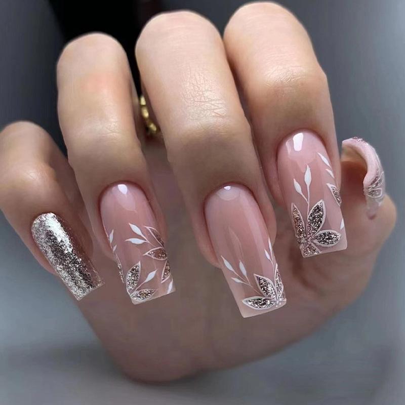 24 Pcs Medium Length Ballet Press On Nails Brown Floral Design Full Cover Detachable Fake Nails Manicure Set