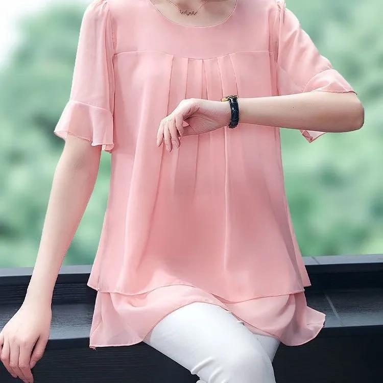 Women's Summer Short-Sleeve Chiffon Blouse Plus Size Loose-Fit Elegant Tummy-Covering Top
