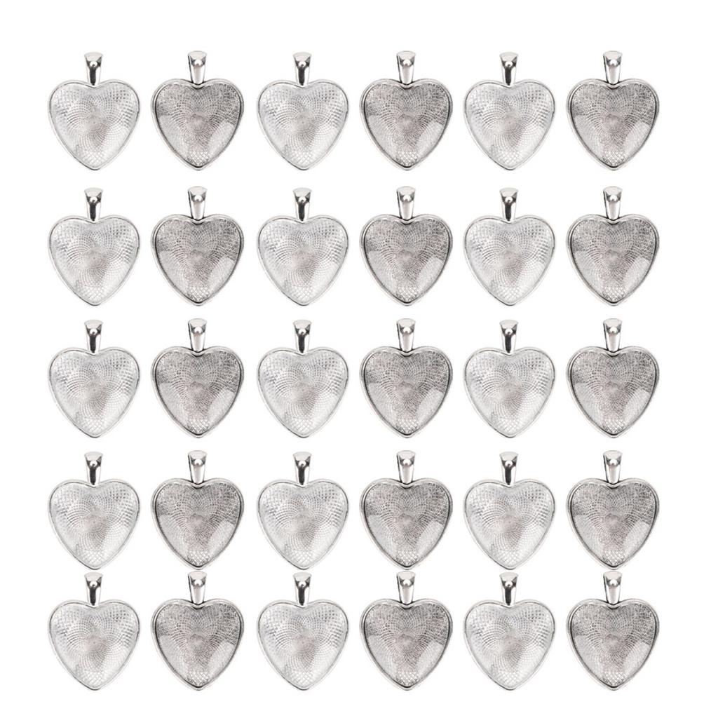 60pcs Pendant Trays Heart Shaped Pendant Setting Cabochon Base Setting with Glass Cabochon