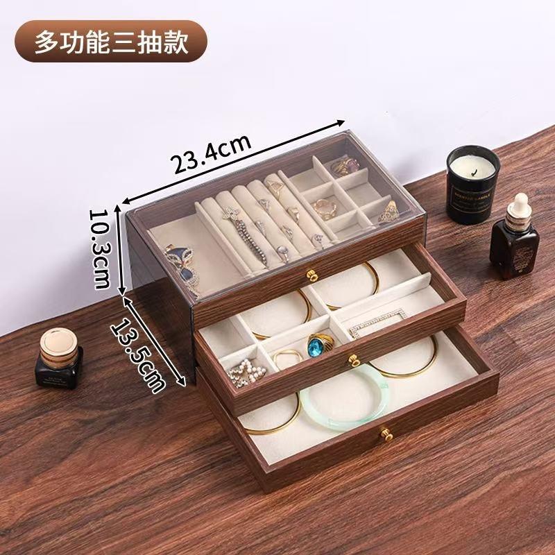 Vintage Wooden Jewelry Box Three Layer Wooden Drawer Storage Box Velvet Lined Display Box Multifunctional Acrylic Storage Boxs