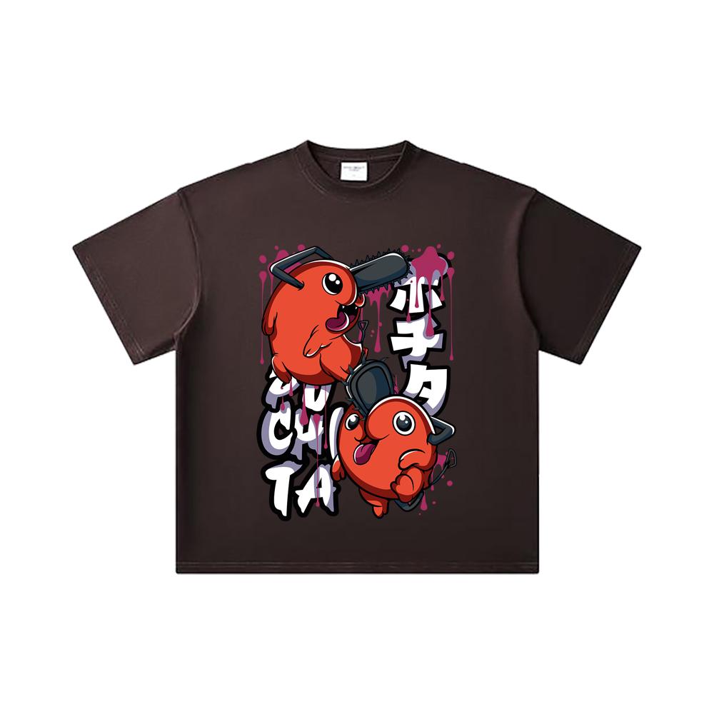 260 GSM Dvojitá příze 32 Počtu 100% Bavlna Chainsaw Man V37 Pochita Potisk Unisex Těžké Bavlněné Tričko