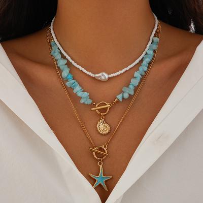 3 Stück/Set Unregelmäßige Blaustein-Kettenhalskette Damen Boho Muschel Seestern Anhänger Y2K Schmuck Perlen Choker