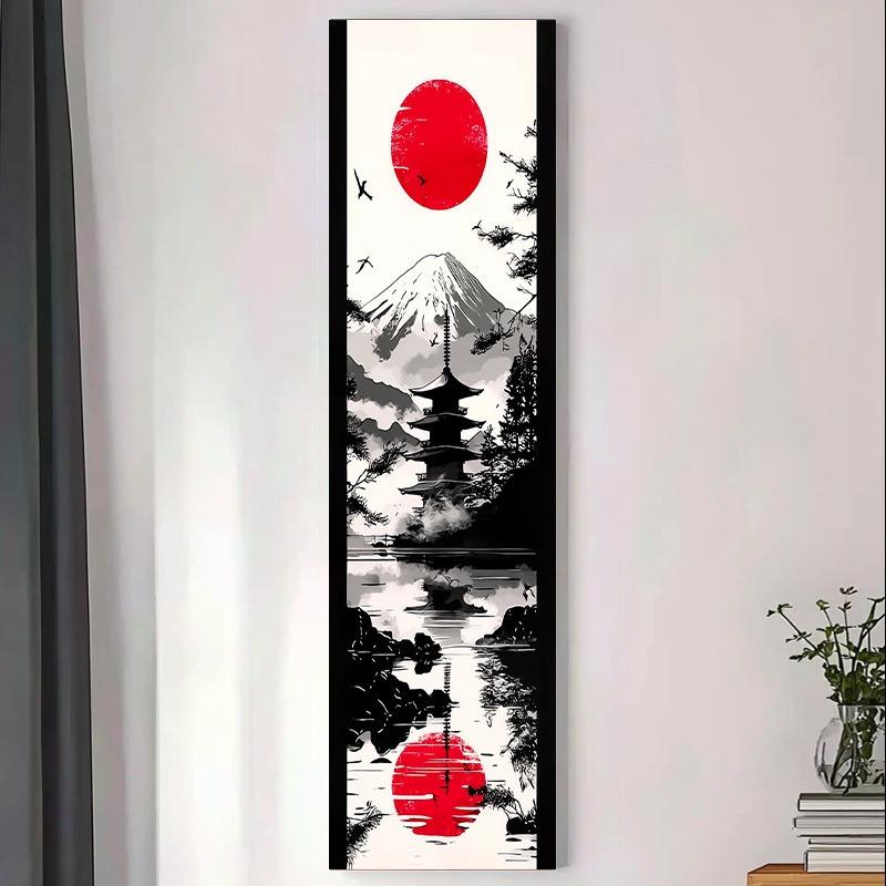 Tapiz Largo del Monte Fuji Japonés - Ukiyo-E Sol Rojo Lavado a Tinta Colgante de Pared Vertical Para Decoración de Dormitorio Sala de Estar