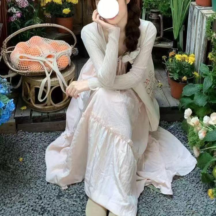 French Lace Splicing Pink Suspender Dress Summer Vacation Style Gentle Long Dress Niche Super Fairy Simple Young