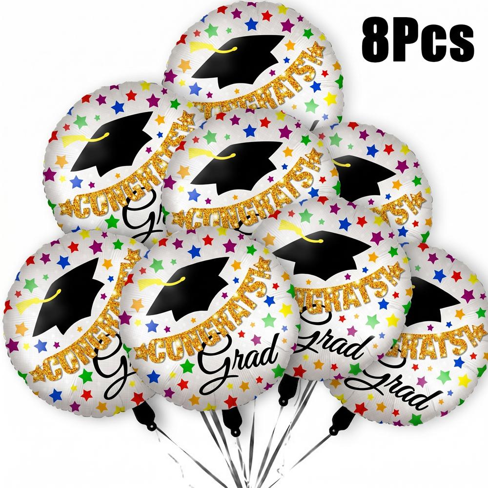 8 Pcs 18 Inch Congrats Grad Foil Balloons, Colorful Stars Graduation Round Mylar Balloons Kit, College Graduation Party Decorations