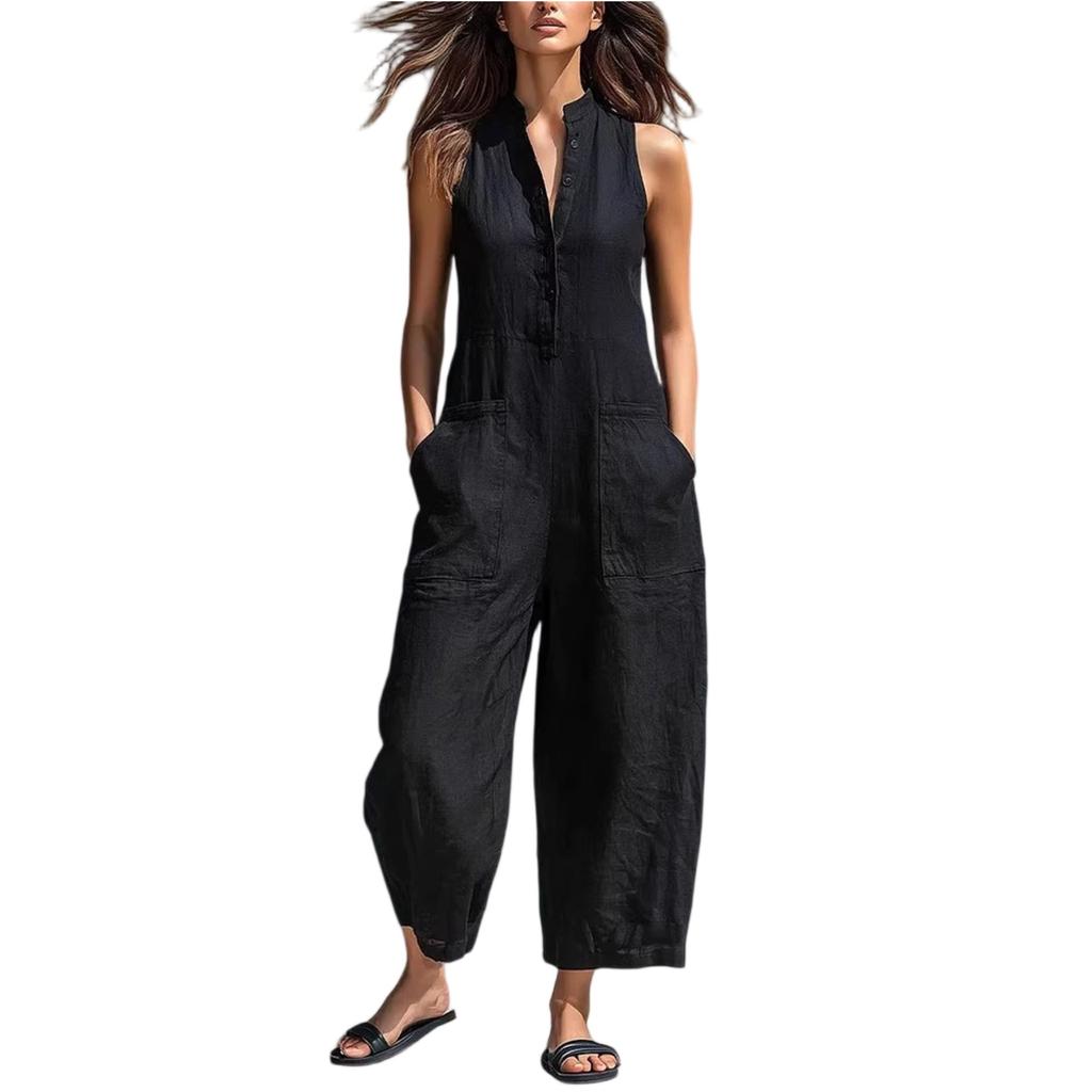Women's Fashionable And Casual Buttoned V-neck Sleeveless Pocket Jumpsuit