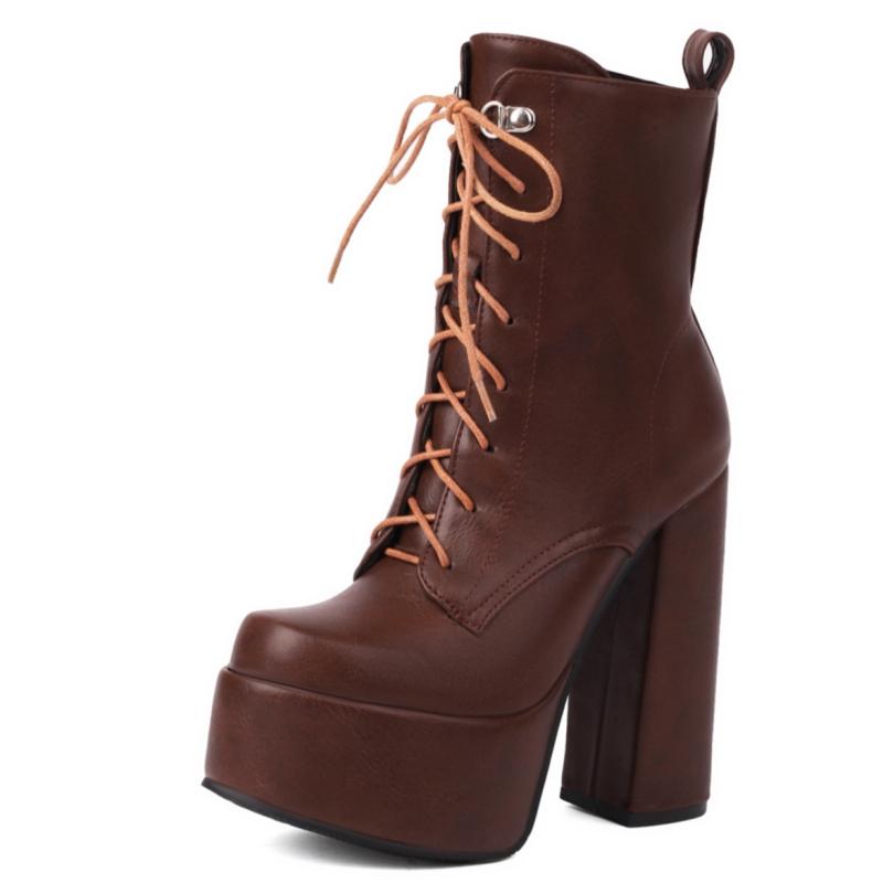 Platform Ankle Boots For Women White Black Punk Gothic High Heels Motorcycle Boots Lace-up Autumn Winter Shoes Female Waterproof