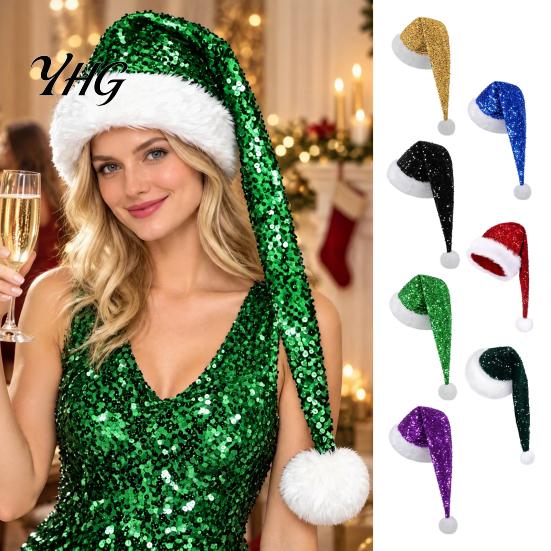 Sparkly Christmas Performance Hats Long Santa Hat for Party, Sequin Plush Xmas Comfortable Trim with Fur Ball Adults, Festive Holiday Costume