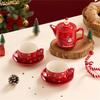 Red Ceramics Teaware Sets Santa Claus Snowman Elk Teapot Teacup Christmas Coffee Cup Saucers Stackable Xmas New Year Gifts