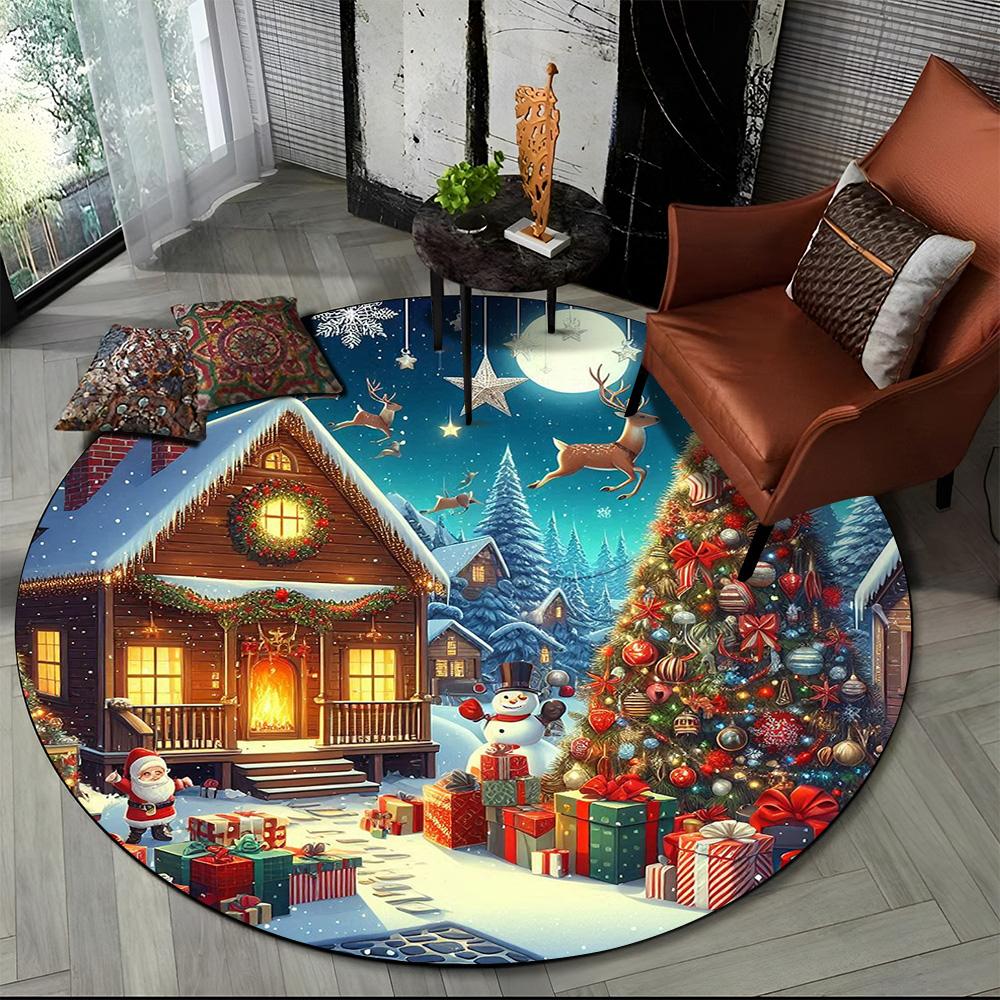 Merry Christmas Cartoon Santa Claus Snowman New Year Round Carpet Rug for Bedroom Living Room Sofa Decoration,Decor Floor Mat