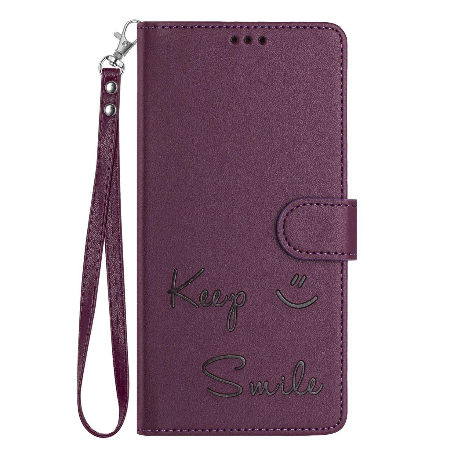 

Leather Wallet Flip Case For iPhone 17 16 15 14 13 12 11 Pro Max Air 8 7 Plus X XS XR SE 2020 2022 16e 17e Keep Smile Embossed Design with Wrist Strap iPhone 17 фиолетовый