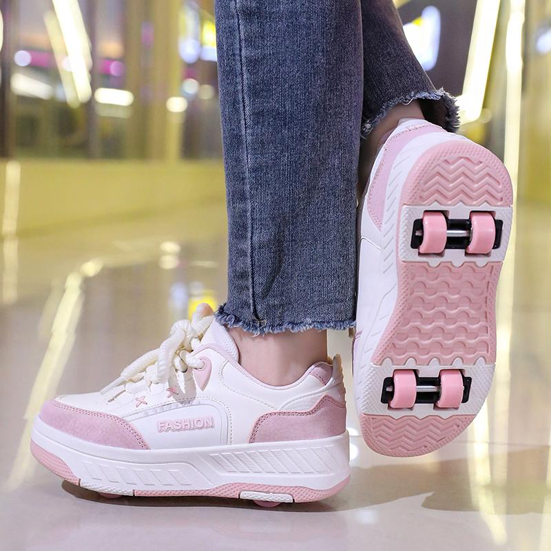 Boy's Rotating Button Four Wheel Skate Kids Shoes with Wheels Girl Skate Shoes