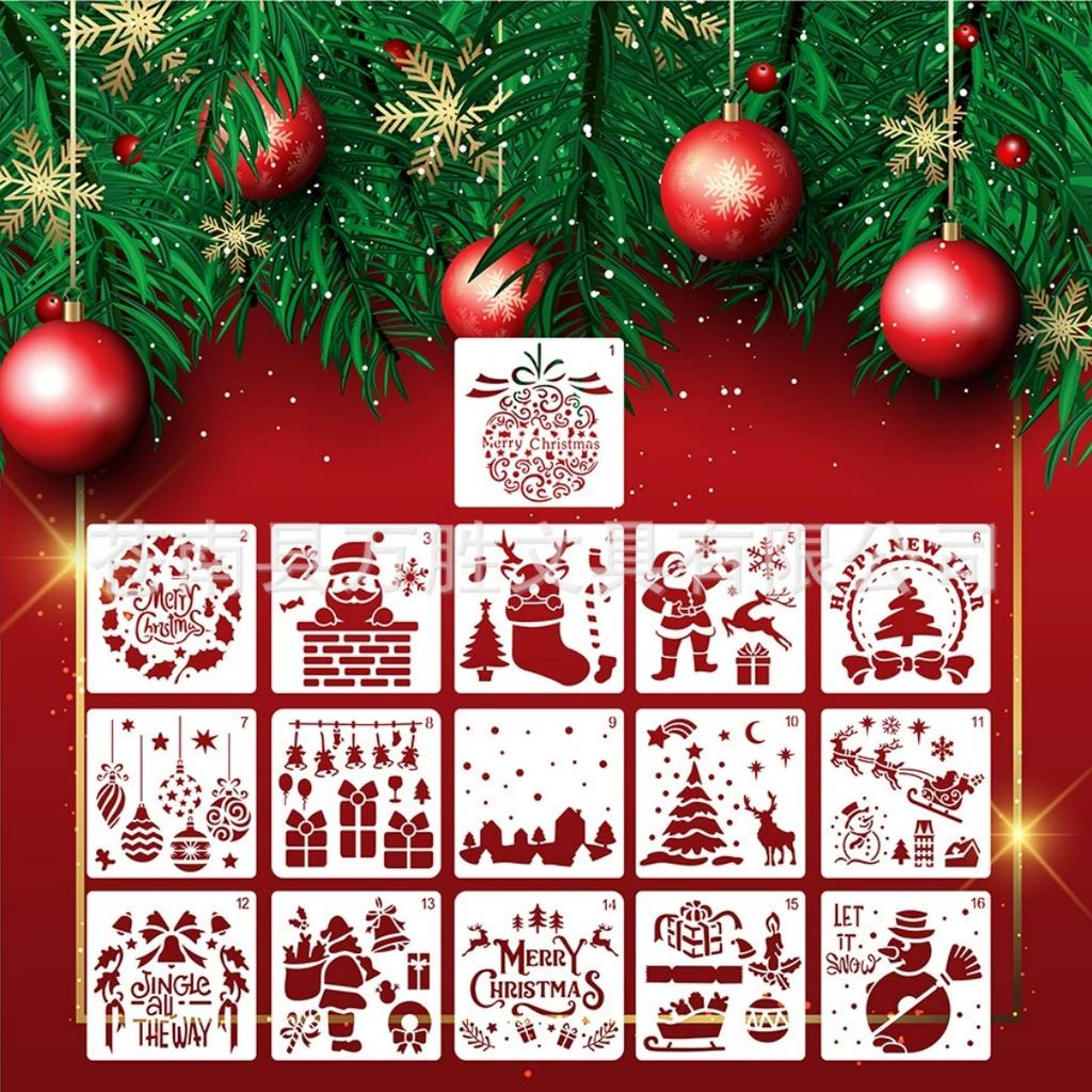 8/12/16pcs Christmas Painting Templates Stencils Xmas Tree Balls Snowflake Pattern DIY Craft Gift Boxes Walls Floor Art Painting