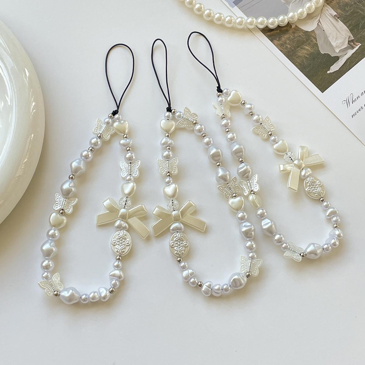 Women s Pearl Bow Phone Lanyard: High-End Beaded Anti-Lost Chain Accessory Pearl Bow Phone Chain