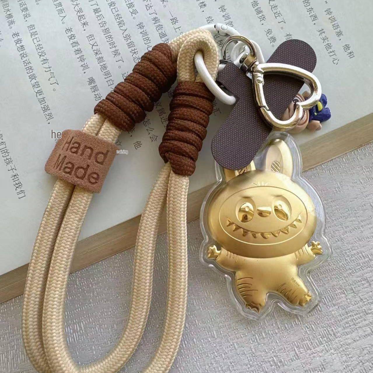 Pure Gold Labubu Phone Lanyard Keychain with Fortune Bag Pendant Gift